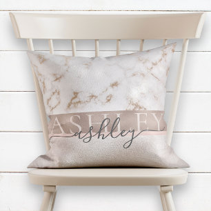 Girly Blush Marble Roos Gold Script Name Monogram Kussen