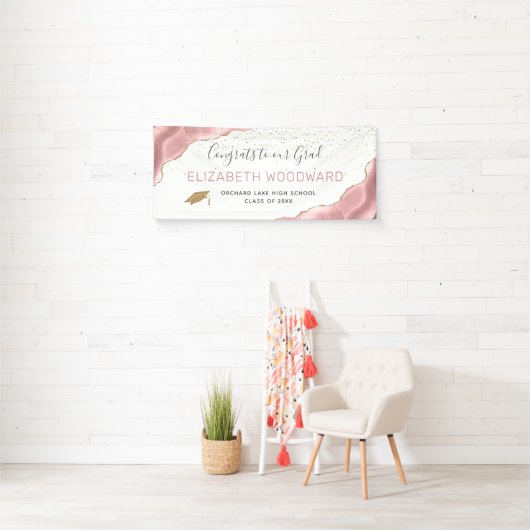 Girly Blush Pink Agate Gold Glitter Afstuderen Spandoek (Insitu)