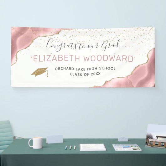 Girly Blush Pink Agate Gold Glitter Afstuderen Spandoek (Beurs)