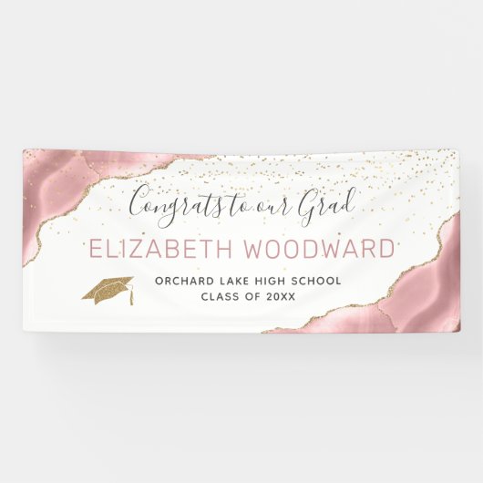 Girly Blush Pink Agate Gold Glitter Afstuderen Spandoek (Horizontaal)