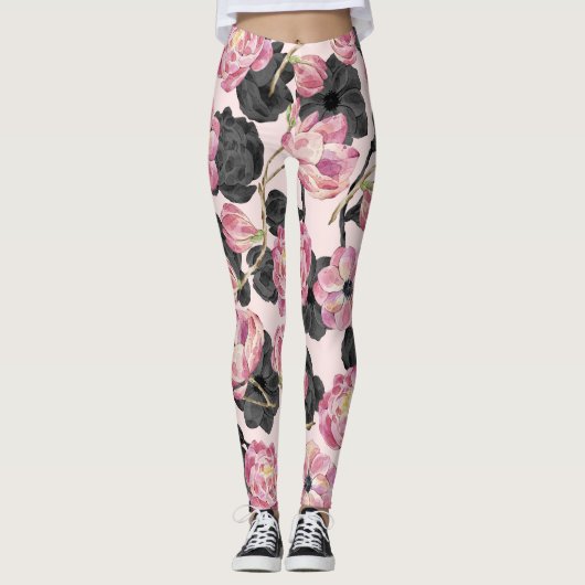 Girly Blush Pink and Black Waterverf Flowers Leggings (Voorkant)