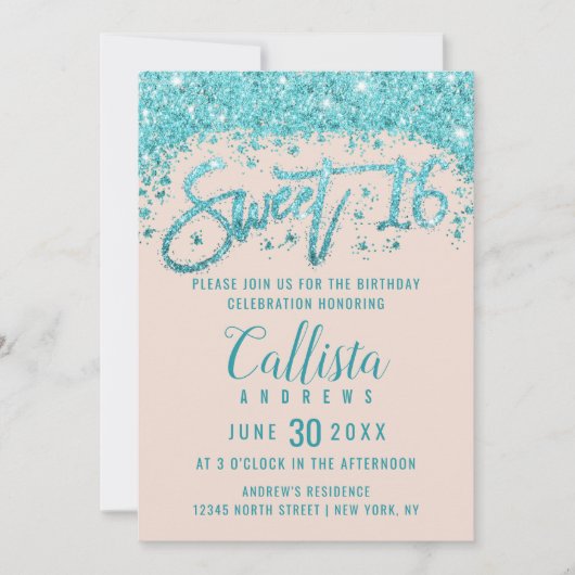 Girly Blush Pink Aqua Blue Glitter Dust Sweet 16 Kaart (Voorkant)