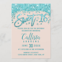 Girly Blush Pink Aqua Blue Glitter Dust Sweet 16 Kaart