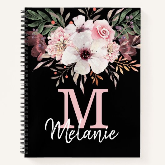 Girly Blush Pink Black Monogram Floral-laptop Notitieboek (Voorkant)
