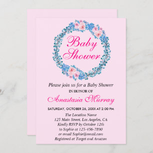 Girly Blush Pink & Blue Floral WreatBaby shower Kaart