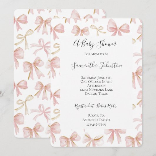 Girly Blush Pink Bows Chic Baby shower Kaart (Voorkant / Achterkant)
