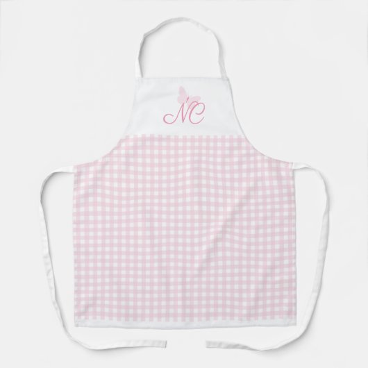 Girly Blush Pink Butterfly Monogram Gingham contro Schort (Voorkant)