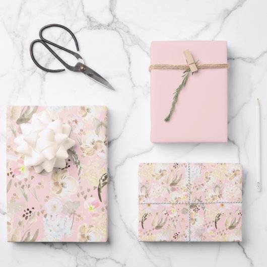 Girly Blush Pink Cream White Floral Inpakpapier Vel (Voorkant)