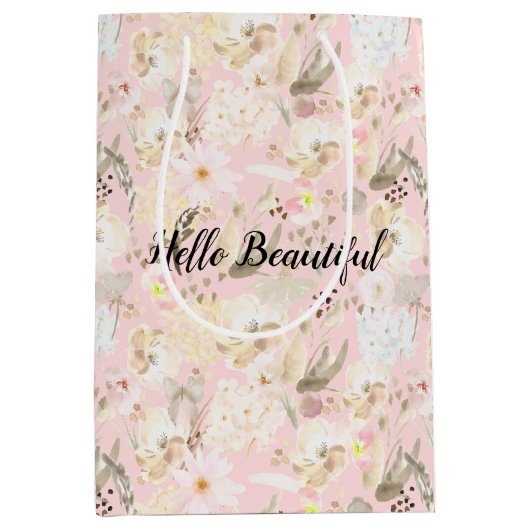 Girly Blush Pink Cream White Floral Medium Cadeauzakje (Voorkant)
