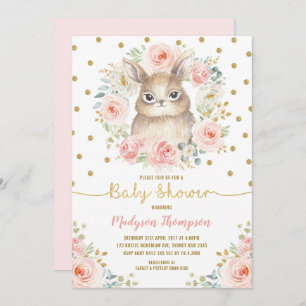 Girly Blush Pink Floral Bunny Rabbit Baby shower Kaart