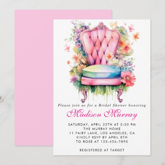 Girly Blush Pink Floral Flower Chair Vrijgezellenf Kaart (Voorkant / Achterkant)