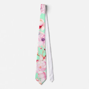 Girly Blush Pink Floral op Mint Green Stropdas