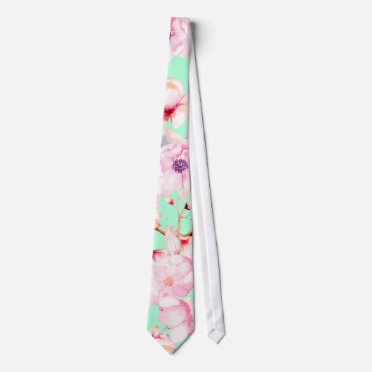Girly Blush Pink Floral op Mint Green Stropdas (Voorkant)
