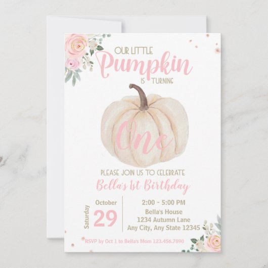 Girly Blush Pink Floral Pumpkin 1e verjaardag Kaart (Voorkant)