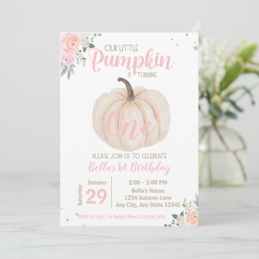 Girly Blush Pink Floral Pumpkin 1e verjaardag Kaart (Staand voorkant)