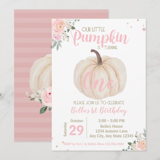 Girly Blush Pink Floral Pumpkin 1e verjaardag Kaart (Voorkant / Achterkant)