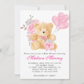 Girly Blush Pink Floral Teddy Bear Baby shower Kaart (Voorkant)