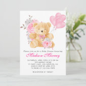 Girly Blush Pink Floral Teddy Bear Baby shower Kaart (Staand voorkant)