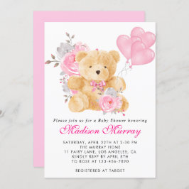 Girly Blush Pink Floral Teddy Bear Baby shower Kaart