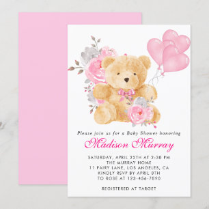Girly Blush Pink Floral Teddy Bear Baby shower Kaart