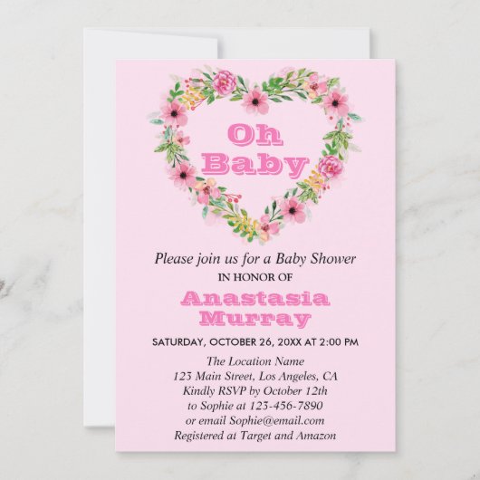 Girly Blush Pink Floral Wreatspring Baby shower Kaart (Voorkant)