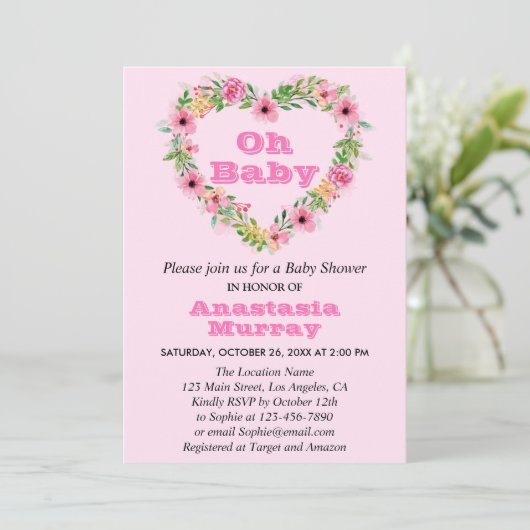 Girly Blush Pink Floral Wreatspring Baby shower Kaart (Staand voorkant)