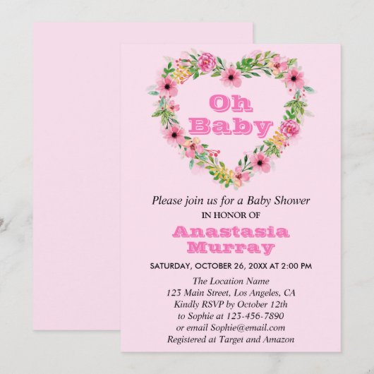 Girly Blush Pink Floral Wreatspring Baby shower Kaart (Voorkant / Achterkant)