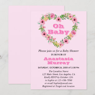 Girly Blush Pink Floral Wreatspring Baby shower Kaart