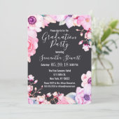 Girly Blush Pink Flowers Black Graduparty Kaart (Staand voorkant)