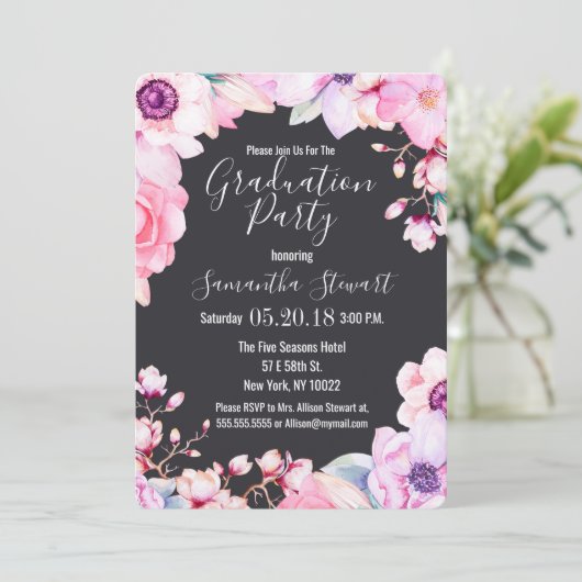 Girly Blush Pink Flowers Black Graduparty Kaart (Staand voorkant)