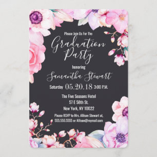 Girly Blush Pink Flowers Black Graduparty Kaart