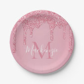 Girly Blush Pink Glitter Drift Monogram Birthday Papieren Bordje (Voorkant)