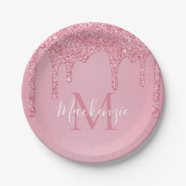 Girly Blush Pink Glitter Drift Monogram Birthday Papieren Bordje