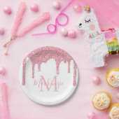 Girly Blush Pink Glitter Drift Monogram Birthday Papieren Bordje (Feest)