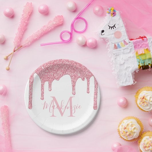 Girly Blush Pink Glitter Drift Monogram Birthday Papieren Bordje (Feest)