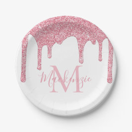 Girly Blush Pink Glitter Drift Monogram Birthday Papieren Bordje