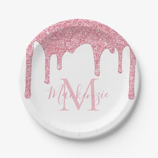 Girly Blush Pink Glitter Drift Monogram Birthday Papieren Bordje (Voorkant)