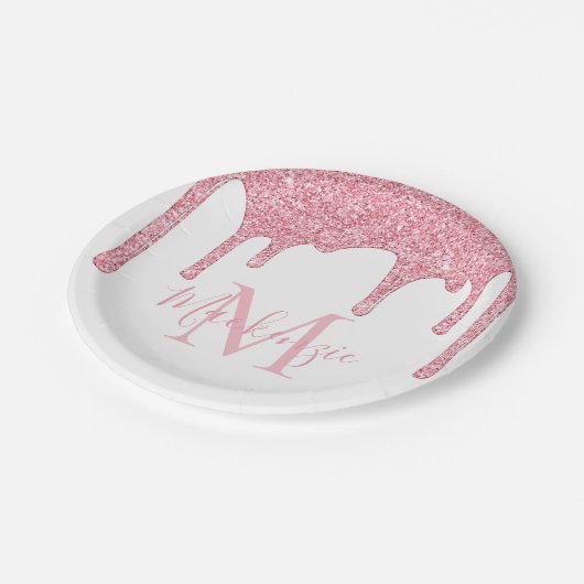 Girly Blush Pink Glitter Drift Monogram Birthday Papieren Bordje (Gekanteld)