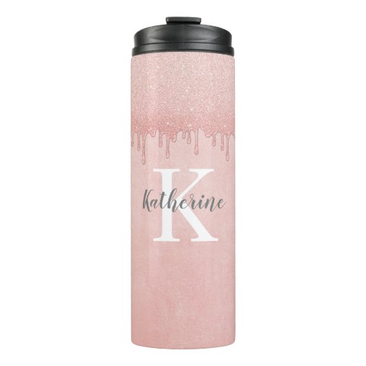 Girly Blush Pink glitter druppels Monogram Thermosbeker (Voorkant)