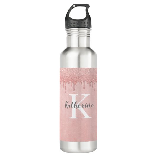 Girly Blush Pink glitter druppels Monogram Waterfles (Voorkant)