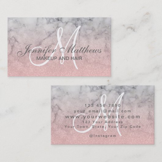 Girly Blush Pink Glitter Marble Monogram Makeup Visitekaartje (Voorkant / Achterkant)