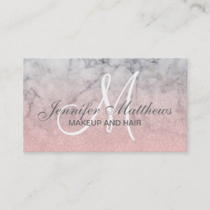 Girly Blush Pink Glitter Marble Monogram Makeup Visitekaartje