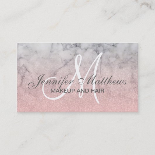 Girly Blush Pink Glitter Marble Monogram Makeup Visitekaartje (Voorkant)