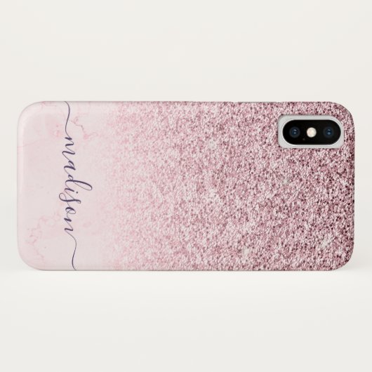 Girly Blush Pink Glitter Marble Script Naam Case-Mate iPhone Case (Achterkant (horizontaal))