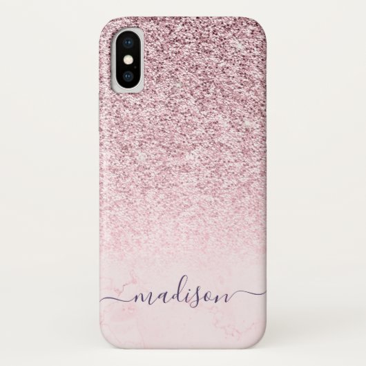 Girly Blush Pink Glitter Marble Script Naam Case-Mate iPhone Case (Achterkant)