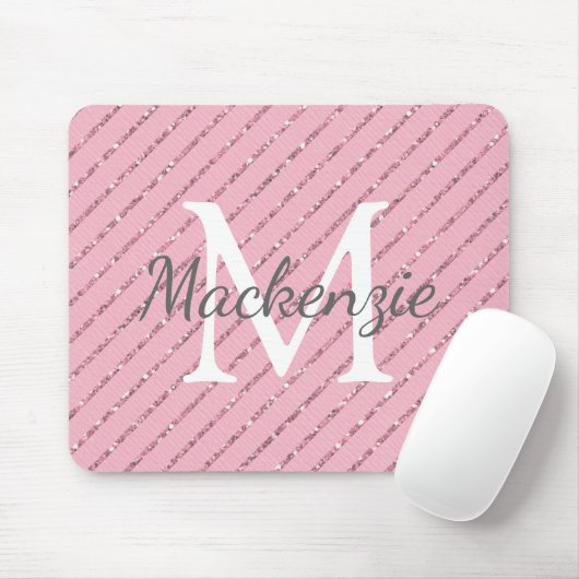Girly Blush Pink Glitter Stripes Monogram Muismat (Met muis)
