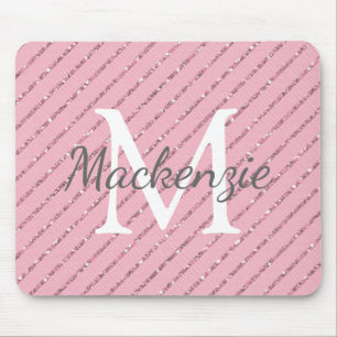 Girly Blush Pink Glitter Stripes Monogram Muismat