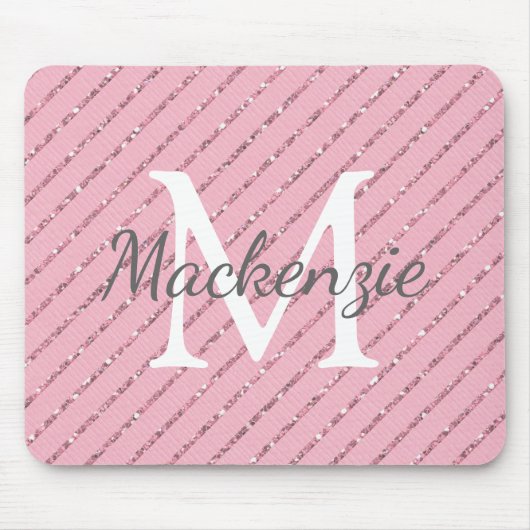 Girly Blush Pink Glitter Stripes Monogram Muismat (Voorkant)
