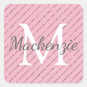 Girly Blush Pink Glitter Stripes Monogram Vierkante Sticker