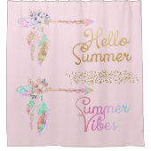 Girly Blush Pink & Gold Boho Feather Hallo Summer Douchegordijn (Voorkant)